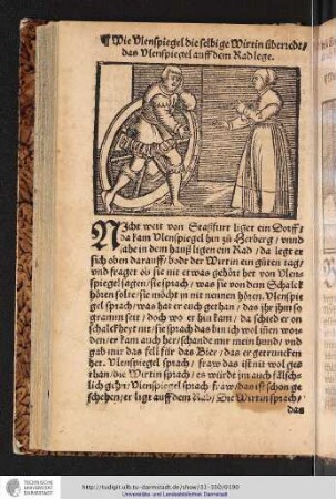 Die LXXXII. History Wie Vlenspiegel die selbige Wirtin überredt/das Vlenspiegel auff dem Rad lege