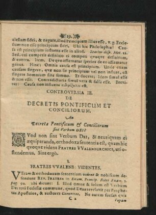 Controversia III. De Decretis Pontificum Et Conciliorum.