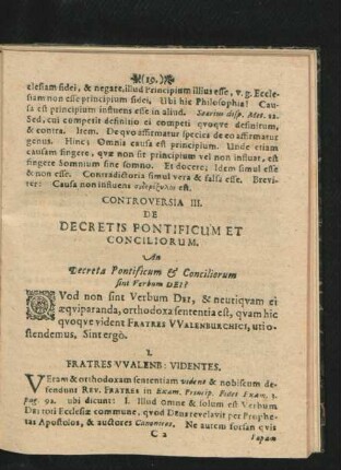 Controversia III. De Decretis Pontificum Et Conciliorum.