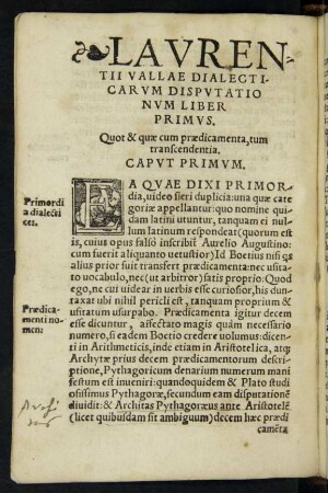 Laurentii Vallae Dialecticarum Disputationum Liber Primus.