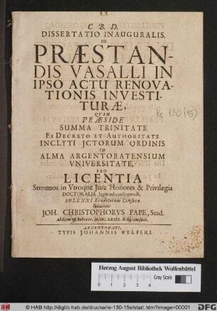 Dissertatio Inauguralis. De Praestandis Vasalli In Ipso Actu Renovationis Investiturae