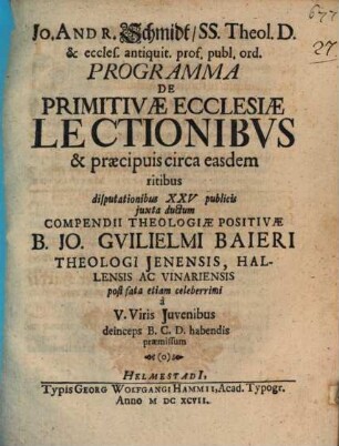 Programma [III.] de primitivae ecclesiae lectionibus et praecipuis circa easdem ritibus