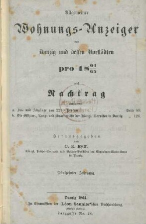 15.1864/65: Allgemeiner Wohnungs-Anzeiger von Danzig und dessen Vorstädten