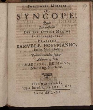 Positiones Medicae De Syncope