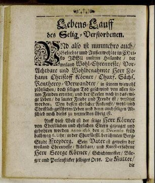 Lebens-Lauff des Selig-Verstorbenen.