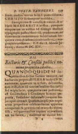 XII. Rectoris & Consilii publici nomine proposita citatio.