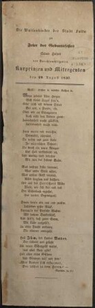 1837: Die Waisenkinder der Stadt Fulda zur Feier des Geburtsfestes Seiner Hoheit des Durchlauchtigsten Kurprinzen und Mitregenten