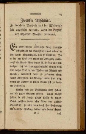 Zweyter Abschnitt, In welchem Beyspiele aus der Weltweisheit angeführt werden, darin der Begriff der negativen Größen vorkommt