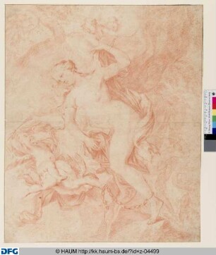 Nackte Göttin (Venus?), die von Putti an Ketten geführt wird