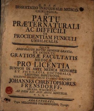 Diss. inaug. med. chir. de partu praeternaturali ac difficili ob procidentiam funiculi umbilicalis