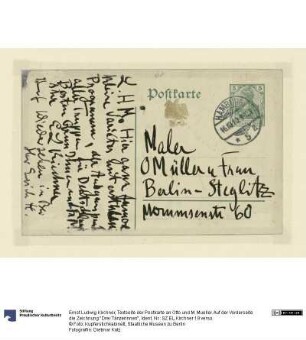 Textseite der Postkarte an Otto und M. Mueller. Auf der Vorderseite die Zeichnung "Drei Tänzerinnen"