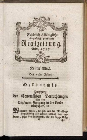 Drittes Stück. Den 14ten Jäner.
