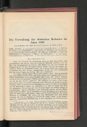 Die Verwaltung der deutschen Kolonien im Jahre 1909
