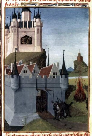 Grandes Chroniques de France — Aufstand der jungen Hirten; die Aussätzigen im Languedoc werden verbrannt, Folio 327 verso
