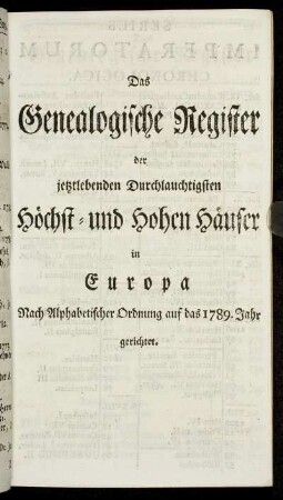 Das Genealogische Register der jetztlebenden Durchlauchtigsten Höchst- und Hohen Häuser in Europa. Nach Alphabetischer Ordnung auf das 1789. Jahr gerichtet