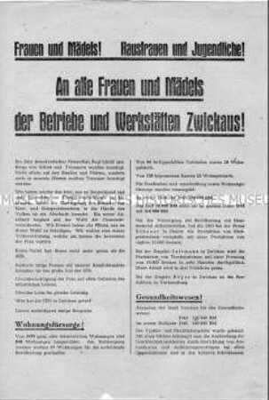Geleistete kommunale Arbeit und Vorhaben der Ortsgruppe Zwickau der SED, Schwerpunkt Frauenpolitik; Aufruf zur Wahl ihrer Kandidaten bei den Gemeindewahlen 1946