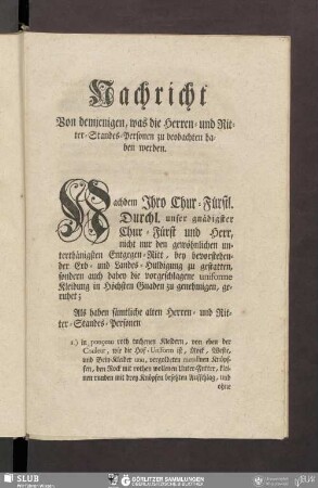 Nachricht Von demjenigen, was die Herren- und Ritter-Standes-Personen zu beobachten haben werden