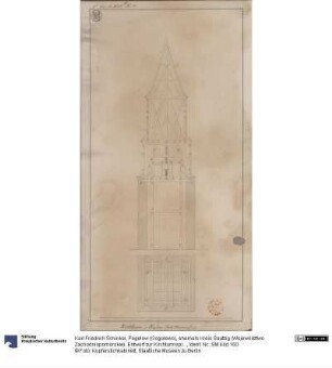 Pegelow (Gogolewo), ehemals Kreis Saatzig (Województwo Zachodniopomorskie). Entwurf zur Kirchturmspitze. Aufriss des Turms, Balkenlage im Grundriss und Aufriss