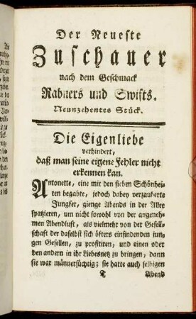 Der neueste Zuschauer nach dem Geschmack Rabners und Swifts. Neunzehentes Stück.