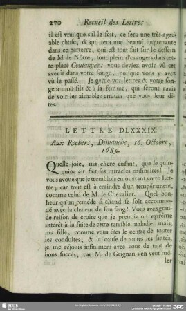 Lettre DLXXXIX. Aux Rochers, Dimanche, 16. Octobre, 1689