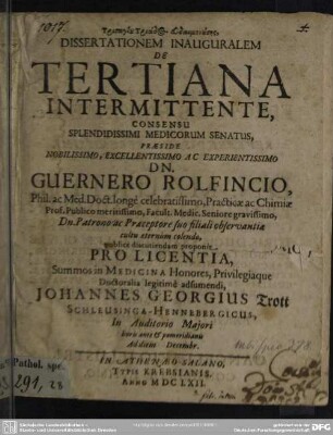 Dissertationem Inauguralem De Tertiana Intermittente