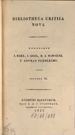Bibliotheca critica nova. 3, 3. 1827
