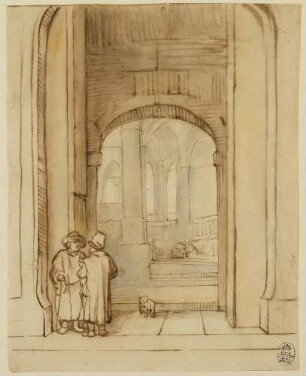 Zwei Männer im Gespräch am Portal einer Kirche