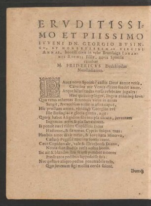 Eruditissimo Et Piissiomo Iuveni Dn. Georgio Busingo ...