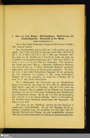1. Zeit vor dem Kriege. Mobilmachung. Beförderung ins Aufmarschgebiet. Vormarsch an die Maas