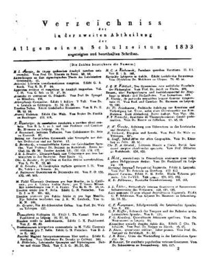 Verzeichniss der in der zweiten Abtheilung der Allgemeinen Schulzeitung 1833 angezeigten und beurtheilten Schriften