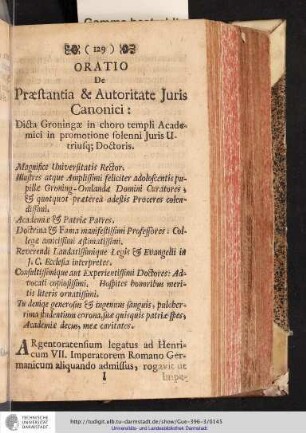 ORATIO De Praestantia & Autoritate Juris Canonici