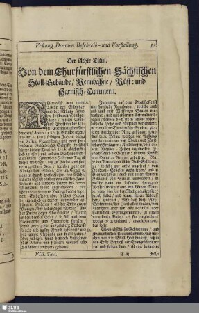 Der Achte Titul. Von dem Churfürstlichen Sächsischen Stall-Gebäude/ Rennbahne / Rüst: und Harnisch-Cammern.