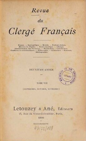 Revue du clergé français. 8. 1896 = Année 2
