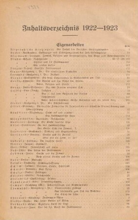 Inhaltsverzeichnis 1922-1923