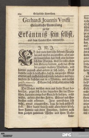Gerhardi Joannis Vosii Gründliche Anweisung zu der Erkäntniß sein selbst, aus dem Lateinischen verteutscht.