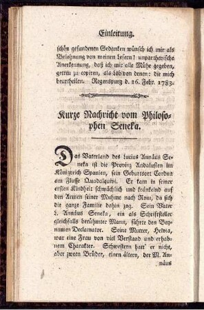 Kurze Nachricht vom Philosophen Seneka.