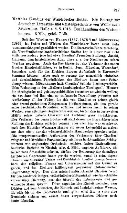 Stammler, Wolfgang :: Matthias Claudius der Wandsbecker Bothe, ein Beitrag zur deutschen Literatur- und Geistesgeschichte : Halle a. d. S., Waisenhaus, 1915