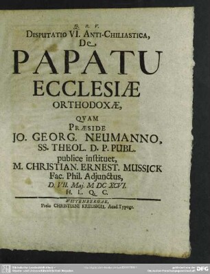 6: Disputatio VI. Anti-Chiliastica, De Papatu Ecclesiae Orthodoxae
