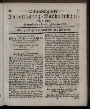 VI. Stück. Sonnabends: den 11. Februar, 1786.