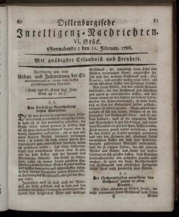 VI. Stück. Sonnabends: den 11. Februar, 1786.