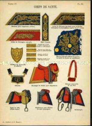 Uniformdarstellung, Detailstudien von Bortenverzierungen, Sattelzeug, Feldtaschen und Abzeichen des Sanitäts-Korps, Frankreich, 1821/1844.