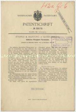 Patentschrift eines stählernden Flüssigkeitsthermometers, Patent-Nr. 39578