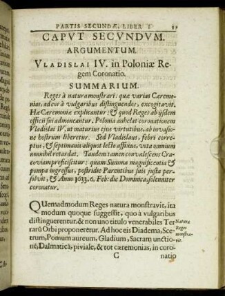 Caput Secundum. Argumentum. Vladislai IV. in Poloniæ Regem Coronatio.
