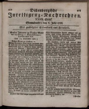 XVII. Stück: Sonnabends: den 6. Julii 1776.