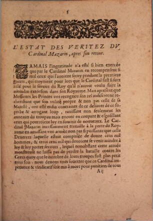 L' Estat Des Veritez Dv Cardinal Mazarin, Apres Son Retovr