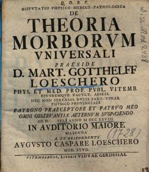 Dispvtatio Physico-Medico-Pathologica De Theoria Morborvm Vniversali