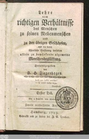 Erster Teil: Lehre vom richtigen Verhältnisse des Menschen zu seinen Nebenmenschen und zu den übrigen Geschöpfen, und die durch öffentliche Einfürung derselben allein zu bewürkende algemeine Menschenbeglükkung : Mit 8 Kupfert. von Chodowiecki