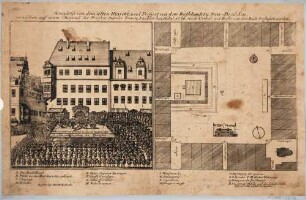 Grundriss des Altmarktes in Dresden und Darstellung der öffentlichen Hinrichtung, durch Räderung, von Franz Laubler vor dem Alten Rathaus auf dem Altmarkt, mit Legende