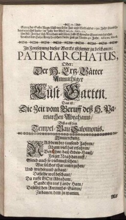 In Fortsetzung dieses Wercks ist ferner zu beschauen: Patriarchatus, Oder: Der H. Ertz- Vätter Anmutiger Luft- Garten.