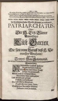 In Fortsetzung dieses Wercks ist ferner zu beschauen: Patriarchatus, Oder: Der H. Ertz- Vätter Anmutiger Luft- Garten.